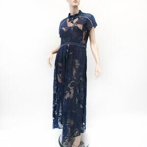 AGLINI Maxi Dress Perforated Fabric Y2K Open Back Stand Neck Modern Party 44/M